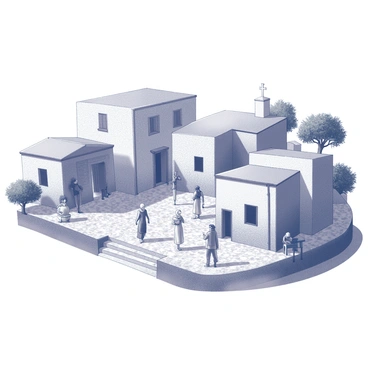 A tranquil ancient Greek village nestled in a lush landscape. The scene includes several stone houses, each with a flat roof and intricate details carved into the stone. Cobblestone paths wind between the structures, leading to a central gathering area. Villagers move through the streets, some engaged in conversation, while others carry baskets filled with goods. A woman stands at a doorway, greeting a neighbor, while an elderly man sits on a bench, observing the bustling activity around him. Olive trees dot the landscape, contributing to the serene atmosphere of daily life in the village.