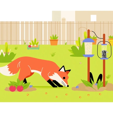 A red fox with bright orange fur, white-tipped ears, and a bushy tail is curiously sniffing around an urban backyard. The backyard features several vibrant green vegetable patches filled with ripening tomatoes, cucumbers, and leafy greens. Two colorful bird feeders are hanging from wooden posts, surrounded by scattered seeds on the ground. In the background, there are wooden fences and a few potted plants, adding a touch of greenery to the urban setting. The sunlight creates soft shadows on the grass, enhancing the lively atmosphere of the scene.