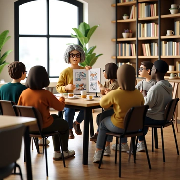 An illustration lecturer with short, curly hair and glasses, wearing a cozy sweater and jeans, is seated at a rustic wooden table. She holds a sketchbook open in front of her, filled with colorful drawings. Around her, a small group of eager students, dressed in casual attire, are engaged and listening intently. The café has warm lighting, with bookshelves filled with art books in the background. There are cups of coffee and pastries on the table, creating an inviting atmosphere. A large window lets in natural light, and potted plants add a touch of greenery to the cozy setting.