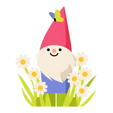 A garden gnome with a red pointed hat is standing in a vibrant green garden. A colorful butterfly with blue and yellow wings is perched delicately on the tip of the gnome's hat. The gnome has a white beard and a cheerful expression. Surrounding the gnome are clusters of blooming daisies with white petals and bright yellow centers, creating a lively and colorful scene filled with flowers.