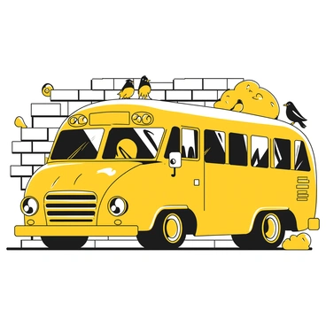 A mural depicting a large retro American bus in bold black and yellow outlines occupying most of the wall of an urban building. The bus is shown in profile, showcasing its classic design with rounded edges and large headlights. Surrounding the bus are various urban elements, including bricks of the building in white, scattered graffiti tags in black, and a few black-and-yellow birds perched on top of the bus. The scene is enhanced by the contrast of the bus against the urban backdrop, emphasizing its nostalgic appeal.