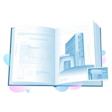 An architectural sketchbook page displaying a detailed blueprint of a modern building. The blueprint includes precise lines and measurements, showcasing various levels and sections of the structure. There are annotations with technical specifications written in clear, precise calligraphy. The background features a light gradient of pastel colors that enhance the visibility of the blueprint details. On one side, a small inset drawing illustrates the building's exterior design, highlighting its sleek lines and large windows.