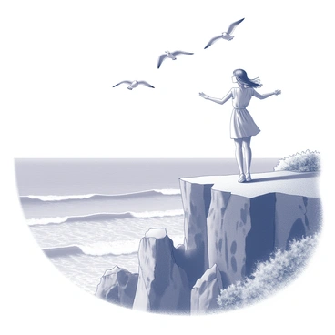 A woman stands on a rugged cliff overlooking the sea. She is facing the ocean, with her arms outstretched as if embracing the fresh ocean breeze. Her hair is gently blown by the wind, and she wears a flowing dress that adds to the sense of movement. Seagulls are flying in the sky above her, their wings outstretched. The cliff features jagged rocks and sparse vegetation, emphasizing its natural and wild beauty. The waves crash against the base of the cliff, creating a dynamic scene.