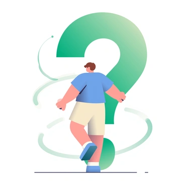 A person with short brown hair is walking in circles around a large, green question mark set against a light background. The question mark stands tall, with each curve distinctly shaped, and there are faint lines radiating outwards to emphasize the circular motion. The person is dressed in a blue t-shirt and beige shorts, their arms relaxed at their sides. Shadows cast on the ground indicate the person's movement, creating a sense of motion and highlighting the concept of circular reasoning. The scene is framed by gently blending colors that suggest an open space.