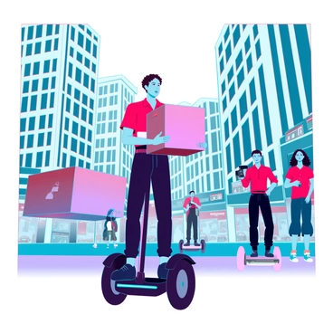 A delivery person with short brown hair, wearing a bright red uniform, is riding a mini Segway. They are skillfully navigating through a bustling city street filled with pedestrians and cars. The background features tall, modern skyscrapers and colorful storefronts. The delivery person is holding a large cardboard box securely, while avoiding obstacles and maintaining balance. A few curious onlookers watch as they glide by, adding to the dynamic urban atmosphere.