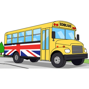 A bright yellow British school bus with large windows and a sturdy frame. The side of the bus features a bold "Union Jack" flag painted prominently, displaying its red, white, and blue colors. The bus is parked on a paved road, with a few green trees in the background. The school's name is displayed on the front above the windshield in clear letters. The bus has several safety features, including a stop sign that extends from the side. Sunlight is shining down, illuminating the vibrant colors of the bus and the flag.