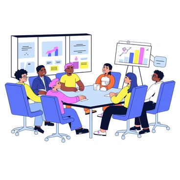 A sales team meeting around a conference table reviewing charts and graphs