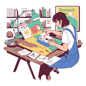 An artist with short brown hair is focused on designing a vintage movie poster at a large wooden drafting table. The drafting table is cluttered with various tools, including pencils, paintbrushes, and a palette filled with colors. Several sheets of paper with sketches and notes are scattered around the table. The artist is dressed in a white shirt and blue overalls, and a small teal lamp provides focused light on the drawing area. In the background, there are shelves filled with books and framed artwork, contributing to the creative atmosphere.
