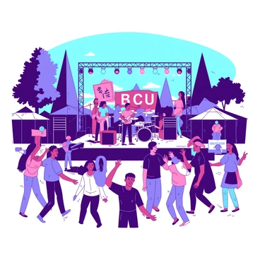 A vibrant outdoor music concert is taking place at BCU. At the center of the scene, there is a band on stage, with a lead singer holding a microphone. The musicians are playing various instruments, including a guitar and drums, with colorful lights illuminating the stage. In front of the stage, a diverse group of students is dancing energetically, creating a lively atmosphere. Some students are waving their arms, while others are laughing and enjoying the music. Surrounding the area, there are trees and a few tents where attendees can gather. The sky above is blue, adding to the festive ambiance of the concert.