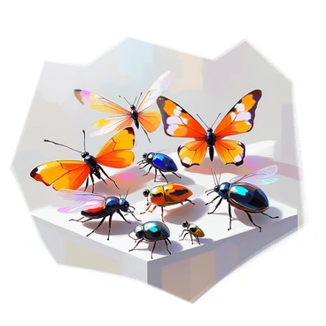 A collection of various insects arranged closely together for display. Each insect features distinct characteristics, showcasing a range of colors and patterns on their wings and bodies. There are vibrant butterflies with intricate wing designs, beetles with shiny exoskeletons reflecting light, and dragonflies with delicate, translucent wings. The insects are positioned on a neutral background that emphasizes their unique forms and details, creating a visually appealing composition.