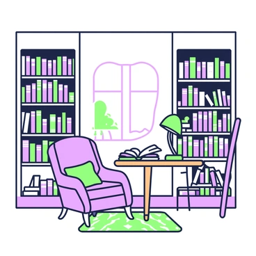 A quaint vintage bookstore features tall wooden shelves filled with old books, their spines showing varied titles and worn textures. In the center, a wooden table is adorned with an open book, and a green reading lamp stands beside it. A plush armchair is positioned nearby, inviting readers to sit and enjoy a good story. The floor is covered with a patterned rug, and a small window lets in soft natural light, casting gentle shadows across the scene. A ladder leans against one of the shelves, hinting at the treasures stored high above.