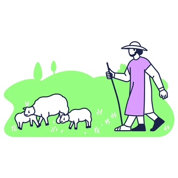 A shepherd is walking through a lush pasture, guiding a flock of sheep. The shepherd is wearing a traditional cloak and a wide-brimmed hat. He holds a wooden staff in his right hand. The sheep are scattered around, some grazing on the vibrant grass, while others are closely following the shepherd. In the background, there are gently rolling hills and a few scattered trees, creating a peaceful landscape.