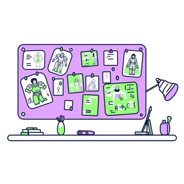 A wall in a department is covered with pinned concept art and character designs. The designs showcase various characters, each with distinct features and outfits. Some artworks depict fantasy creatures with elaborate armor, while others illustrate humans in modern clothing, engaged in dynamic poses. There are sketches with notes and annotations scribbled alongside them. The background features a few colorful pushpins holding the papers in place, and a large corkboard structure supports the collection. A couple of art tools, like markers and pencils, are scattered on a nearby table, adding to the creative atmosphere.