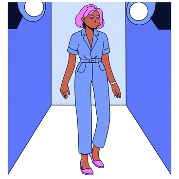 A fashion model is walking the runway with confidence. She is wearing a sleek, tailored jumpsuit that fits her perfectly. The jumpsuit has a high neckline and a belt cinching at the waist, creating a defined silhouette. The model's hair is styled elegantly, complementing her overall look. The runway is illuminated with bright lights, casting shadows that enhance the atmosphere of the fashion show.