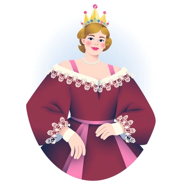 A queen from the Victorian era is depicted in a vintage portrait. She has a fair complexion and is wearing an elaborate gown made of rich, deep burgundy fabric with intricate lace detailing. The gown features long, flowing sleeves and a high collar, accentuating her regal appearance. An ornate crown, embellished with sparkling jewels in a variety of colors, sits atop her elegantly styled hair, which is arranged in soft curls. Her expression is dignified, with a slight smile, as she gazes towards the viewer. The background is a soft gradient, complementing the tones of her gown and crown.
