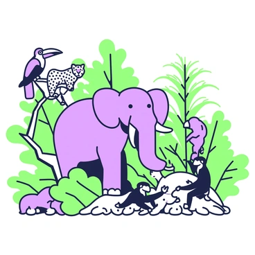 A group of jungle animals is arranged amidst dense foliage. In the center, a large elephant stands with its trunk raised, surrounded by tall green-leafed plants. To the left, a jaguar is perched on a branch, its body partially obscured by leaves. A vibrant toucan sits on a nearby limb, its beak prominently displayed. On the ground, a small group of monkeys interacts, swinging from vines and climbing over roots. The background features a variety of ferns and large leaves, creating a rich tapestry of jungle life.
