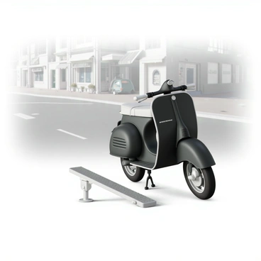 A black moped kickstand, angled diagonally downward, appears to be in motion as it is being deployed. The kickstand is metallic with a shiny surface, and its mechanism is exposed, showcasing intricate details. The background features a blurred scene of a city street, hinting at movement, with faint outlines of parked vehicles and sidewalk cafes. The kickstand's positioning creates a sense of action and readiness, as if the moped is about to come to a stop.