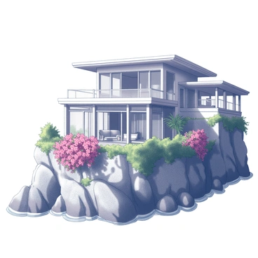 A luxurious villa perched on a rocky cliffside. The structure features large glass windows that showcase the stunning views of the sea below. The roof has elegant overhangs that provide shade to the outdoor terraces. The villa is surrounded by lush, green vegetation, with clusters of "vibrant bougainvillea" cascading down the cliffs. The scene captures the interplay between the architectural elegance of the villa and the natural beauty of its environment.