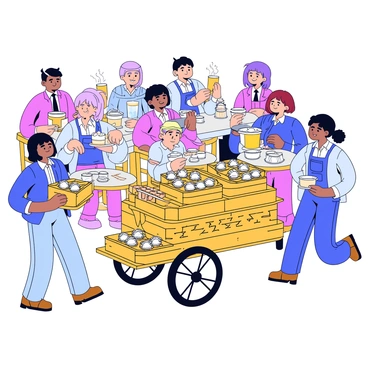 A traditional dim sum cart with an intricate wooden design is being wheeled through a busy restaurant. The cart is filled with various bamboo steamers, each containing an assortment of dim sum dishes. The steamers are stacked atop one another, and some are open, revealing dumplings, buns, and rolls. Lively patrons are seated at tables, enjoying their meals, while servers in uniforms navigate through the crowd. The atmosphere is vibrant, filled with the sounds of conversations and clinking dishes.