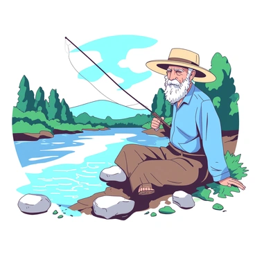 An elderly fisherman with a weathered face and gray beard is sitting peacefully by the Euphrates River. He is wearing a faded blue shirt and brown trousers, with a straw hat resting on his head. The fisherman is holding a fishing rod, which is cast into the gently flowing water. Around him, there are small rocks and patches of green grass, creating a natural setting. In the background, the riverbank is lined with lush trees, and the sky above is clear with a few wispy clouds.