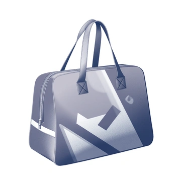 A yoga bag with a streamlined shape is positioned prominently. The bag features a smooth surface showcasing a "sleek black and white design" that includes geometric patterns and stylized shapes. The background is a contrasting tone, enhancing the visual appeal of the bag. The bag has sturdy straps for easy carrying and a zippered compartment for storage. The overall composition emphasizes the bag's modern aesthetic and functional design.