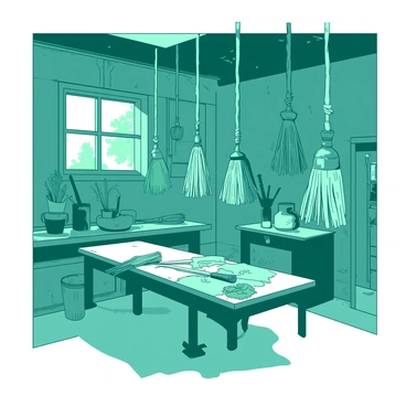 A teal workshop filled with handcrafted brooms hanging from the ceiling. The brooms are made of various materials, showcasing different designs and lengths, all suspended by sturdy twine. The walls of the workshop are lined with tools and materials for broom-making, including wooden handles and bundles of straw. A wooden workbench is positioned in the center, cluttered with additional crafting supplies. Soft light filters in through a dusty window, illuminating the brooms and casting gentle shadows across the space.