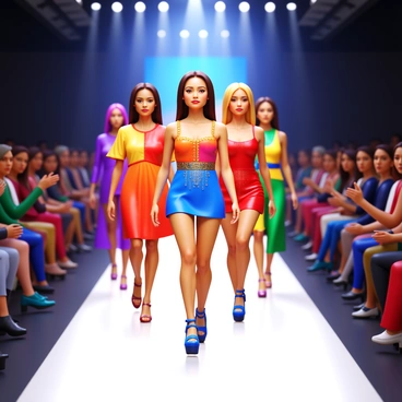 Models strutting down a runway in colorful outfits. The runway is surrounded by bright lights and a lively audience. Each model showcases a unique design, including bold patterns and intricate accessories. The atmosphere is filled with energy as photographers capture the moments. The models exude confidence, with expressions that reflect the excitement of the event.