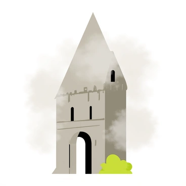 A dense fog swirling around an old stone structure with weathered gray stones and intricate carvings. The structure has a pointed roof and arched windows, partially obscured by the fog. Shadows are cast across the ground, enhancing the sense of mystery. The fog appears thick and ethereal, creating a sense of depth around the structure. Small patches of greenery can be seen at the base, contrasting with the stonework.