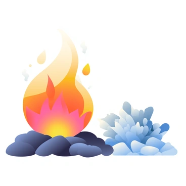A large flame is rising on the left side of the image, with bright orange and red colors dancing upwards. Next to it, on the right side, are intricate ice crystals that shimmer in shades of blue and white. The flames and ice crystals create a striking contrast, with the heat from the flames causing the air to shimmer around them. Small wisps of smoke rise from the flames, blending into the coolness of the ice crystals. The ground is split between dark charred earth where the flames are, and a smooth icy surface where the crystals rest. This scene captures the tension and beauty of fire and ice existing side by side.