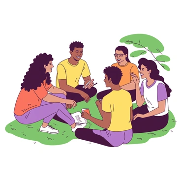 A group of six diverse individuals is sitting in a circle on a grassy field. Each person is smiling warmly, engaging in conversation. One person, with curly hair, is holding a small orange notebook and writing down compliments. Another individual, wearing a yellow shirt, is leaning forward and speaking animatedly with their hands gesturing expressively. A third person, with glasses, is nodding appreciatively while listening. The others are sharing kind words, with some exchanging light laughter. Sunlight filters through the leaves of nearby trees, creating a friendly atmosphere around the circle.