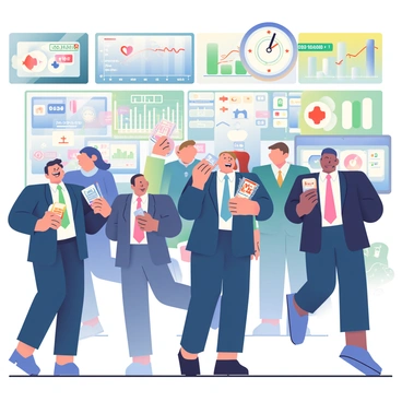 A bustling stock exchange floor is filled with traders wearing dark suits and colorful ties. Some traders are shouting while holding multiple stock tickers. Others are intently focused on large digital screens displaying fluctuating stock prices and graphs. In the background, a large clock shows the time, and a few traders are seen using handheld devices to place orders. The atmosphere is energetic, with an array of colorful electronic boards lighting up the scene, showcasing various company logos and financial data.
