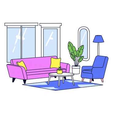 An interior shot of a stylish apartment in Helsinki. The space features sleek Finnish design furniture, including a modern sofa with clean lines and a minimalist coffee table. There are elegant decor elements, such as a geometric rug on the floor and a few potted plants providing a touch of greenery. Large windows allow natural light to flood the room, highlighting the simplicity and functionality of the furniture. The walls are painted in a soft, neutral color, adding to the overall modern aesthetic.