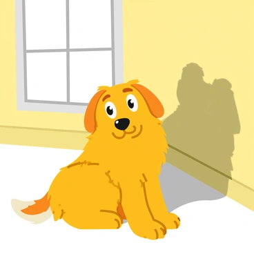 A cautious dog with a fluffy golden coat is sitting attentively, its ears perked up and eyes wide open. The dog is positioned in front of a textured wall, casting a long shadow that stretches out into the room. A strange shadow, resembling an unknown figure, moves slowly across the wall, contrasting with the fading light of dusk seeping through a nearby window. The room is softly illuminated, highlighting the dog's alert expression and the vivid details of its fur. The atmosphere captures the moment of tension as the dog watches the mysterious shadow intently.