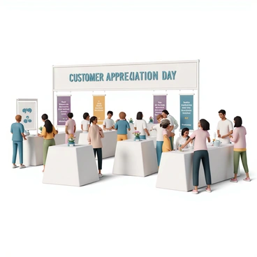 A spacious outdoor area is set up for a customer appreciation day event hosted by a business. There are several tables covered with white tablecloths, each decorated with small floral arrangements. A large banner hangs above, displaying the words "Customer Appreciation Day" in bold letters. Various testimonials from satisfied customers are printed on colorful banners, placed prominently around the venue. Attendees of diverse backgrounds are mingling, some enjoying refreshments, while others are engaging in conversations. A friendly staff member is assisting guests at a registration table adorned with a welcoming sign.