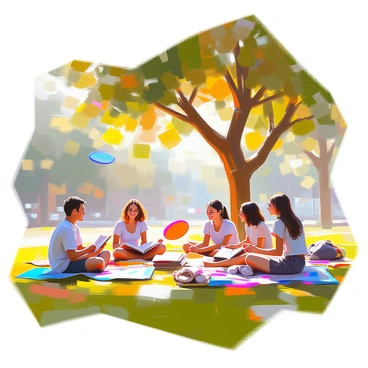 A group of diverse students is relaxing on a grassy campus field, enjoying the shade provided by large, leafy trees. Some students are sitting on colorful blankets, while others are sprawled out on the grass. A few students are engaged in lively conversation, laughing and sharing stories. One student is reading a book, absorbed in the pages, while another is sketching in a notebook. Nearby, a frisbee is being tossed back and forth between two friends. The sun filters through the tree branches, casting dappled light on the scene, creating a warm and inviting atmosphere.