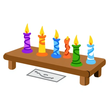 A set of colorful candlesticks arranged in a row on a wooden table. Each candlestick has a unique color and intricate design, featuring swirls and patterns that catch the light. The candlesticks are slightly tilted, suggesting they can be twisted. A small, mysterious clue is hidden beneath the middle candlestick, partially visible but only fully revealed when the candlesticks are arranged in the correct sequence. The background is softly blurred, emphasizing the candlesticks and the clue beneath them.