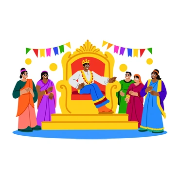 Maveli in his royal attire, sitting on an ornate throne that features intricate carvings and golden accents. He wears a richly decorated crown adorned with jewels and a flowing robe that drapes elegantly around him. His throne is elevated on a platform, and colorful banners hang in the background. Several subjects, dressed in traditional attire, stand before him with expressions of reverence. The room is filled with vibrant colors and patterns, creating a lively atmosphere.