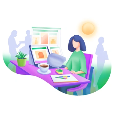 A modern pastel illustration depicting a person sitting at a café table under the warm glow of the sun. The person is intently browsing through a collection of stock illustrations displayed on a laptop. Surrounding the café table are various elements, such as a steaming cup of coffee, a small potted plant, and a notebook with colorful pens. The background features blurred outlines of other café patrons and vibrant outdoor greenery.