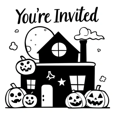 A Halloween party invitation featuring a "Spooky Haunted House" at the center, with eerie shadows creeping along its walls. Surrounding the house are several carved pumpkins, each with unique expressions, some glowing while others are dark. Cobwebs drape from the corners of the house, and a full moon is positioned in the background, partially obscured by wispy clouds. The words "You're Invited" are prominently displayed above the scene, inviting guests to the celebration.