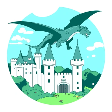 A teal dragon with shimmering scales is soaring gracefully above a white medieval castle. The castle is built of stone, featuring tall towers with pointed roofs and a large wooden door at its entrance. Below, the castle's surrounding landscape includes rolling green hills and patches of colorful flowers. The dragon's wings are spread wide, catching the sunlight as it glides through a clear blue sky dotted with a few fluffy white clouds. A sense of majesty and adventure fills the scene as the dragon appears to be watching over the castle.