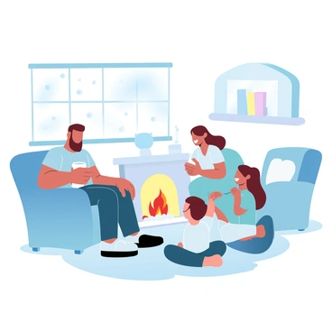 A family consisting of four members is gathered around a cozy fireplace. The father is sitting on a comfortable armchair, while the mother is leaning forward with a smile, holding a cup. Two children, a boy and a girl, are sitting cross-legged on a soft rug in front of the fireplace, animatedly listening. The living room is filled with warm, inviting colors, with plush cushions and a small bookshelf in the background. A flickering fire casts a gentle glow, illuminating their joyful expressions. In the corner, there is a large window with a view of falling snow outside.