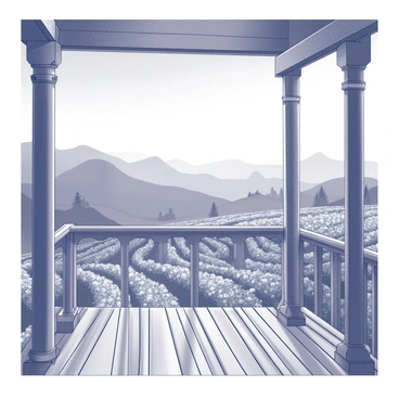 View from a wooden porch overlooking a vast coffee plantation at dawn