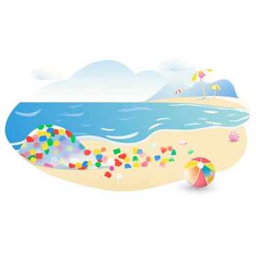 A beach scene is depicted with gentle waves lapping at the shore. The water is a vibrant blue, and the sky is clear with a few fluffy white clouds. A wave of colorful confetti, featuring shades of red, yellow, blue, and green, is rolling onto the sandy beach. The sand is fine and golden, and there are a few seashells scattered along the shoreline. In the distance, a couple of beach umbrellas can be seen, with a beach ball resting nearby. The overall atmosphere is lively and bright, filled with the cheerful colors of the confetti.
