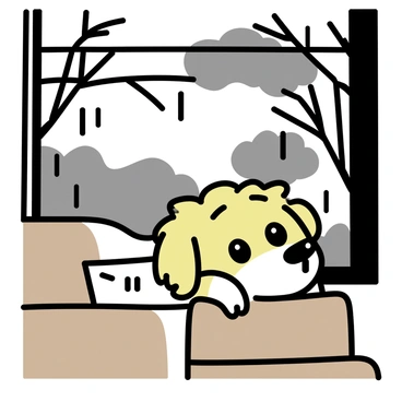 A frightened dog, with a fluffy coat and large, expressive eyes, is cowering behind a brown sofa. The sofa has simple lines and is upholstered in a neutral fabric. The dog is peeking out, its ears flattened against its head. Outside the window, dark clouds are visible, and the branches of trees sway as the wind howls. The glass of the window reflects the gloomy scene, with raindrops trickling down the surface. The room is dimly lit, creating a cozy yet tense atmosphere.