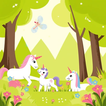 An enchanted grove filled with vibrant green trees and colorful flowers scattered throughout. In the foreground, a small group of magical creatures, including a sparkling fairy with iridescent wings, a playful unicorn with a shimmering mane, and a tiny dragon with glimmering scales, are playfully interacting. The fairy is fluttering above the flowers, while the unicorn is gently nibbling on the grass. The dragon is perched on a low branch, watching with curious eyes. Sunlight filters through the leaves, creating a warm and inviting atmosphere in the grove.