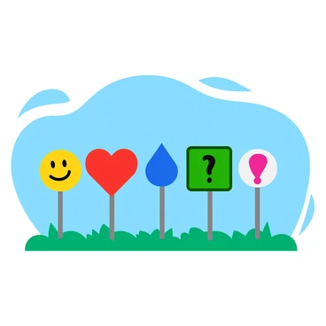 A row of road signs is lined up against a clear blue sky, each sign featuring a different symbol representing various emotions. The first sign displays a bright yellow smiley face, indicating happiness, while the next sign shows a blue teardrop, symbolizing sadness. Following that, there is a red heart signifying love, and beside it, a green exclamation mark representing excitement. The final sign presents a thoughtful face with raised eyebrows, illustrating confusion. Each sign is mounted on a sturdy metallic pole and stands on a grassy verge, adding color to the scene.