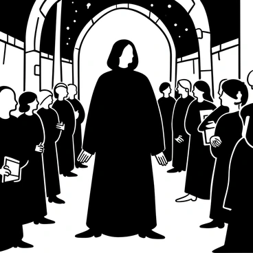 A tall figure in a long black robe stands in the dimly lit corridors of Hogwarts. "Severus Snape" is depicted with his dark hair cascading down his shoulders. Surrounding him are groups of students in robes, some glancing in his direction with expressions of curiosity. The stone walls of the corridor are lined with ancient tapestries and flickering torches, casting shadows on the floor. A few students are holding books, while others are engaged in quiet conversation as they walk by. A sense of intrigue fills the atmosphere, emphasizing Snape's commanding presence amidst the bustling student activity.