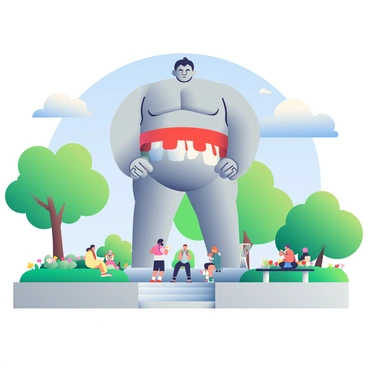A giant statue of a sumo wrestler stands prominently in a public park. The statue is crafted from gray stone and features intricate details, showcasing the wrestler's muscular physique and traditional attire with a mawashi. Surrounding the statue are lush green lawns dotted with colorful flowerbeds. Nearby, several trees provide shade, their leaves gently swaying in the breeze. A concrete pathway leads up to the statue, where visitors can be seen admiring it. Some people are taking pictures, while others are sitting on nearby benches, enjoying the park's atmosphere. In the background, a blue sky with fluffy white clouds completes the serene scene.