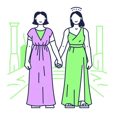 Antigone and Ismene are standing side by side, holding hands tightly, symbolizing their strong sisterly bond. Antigone has shoulder-length hair and is dressed in a flowing gown, while Ismene wears a simpler dress that contrasts with her sister's attire. Their expressions reflect both determination and tenderness as they face forward. The background features a faint outline of ancient Greek architecture, with columns and a stone pathway leading to the horizon. The atmosphere conveys a sense of unity and resilience between the sisters.