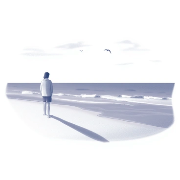 A beach scene with soft sand stretching into the distance. A solitary figure stands facing the horizon, their silhouette defined against the expansive sea. The person has their hands in their pockets, dressed in light clothing that gently sways with the breeze. The gentle waves roll onto the shore, creating a rhythmic pattern, while seagulls glide overhead, adding to the serene atmosphere. The sky above is vast, with a few wispy clouds scattered across it. The overall composition captures a moment of reflection and tranquility.